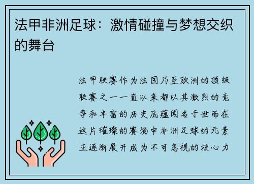 法甲非洲足球：激情碰撞与梦想交织的舞台