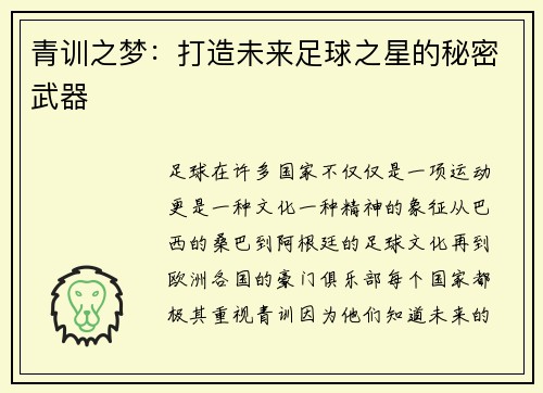 青训之梦：打造未来足球之星的秘密武器
