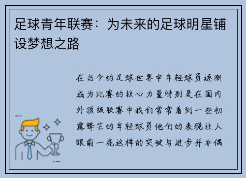 足球青年联赛：为未来的足球明星铺设梦想之路