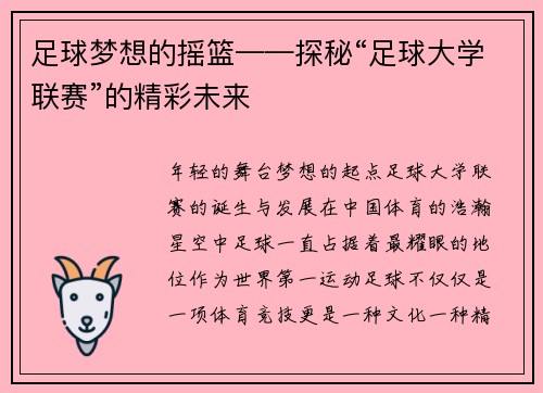 足球梦想的摇篮——探秘“足球大学联赛”的精彩未来